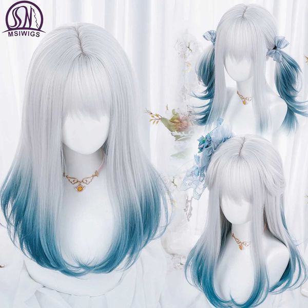 Sentetik peruklar msiwigs kadın sentetik lolita peruk uzun düz ombre iki ton gümüş gri mavi saç cosplay için patlama ile 240329