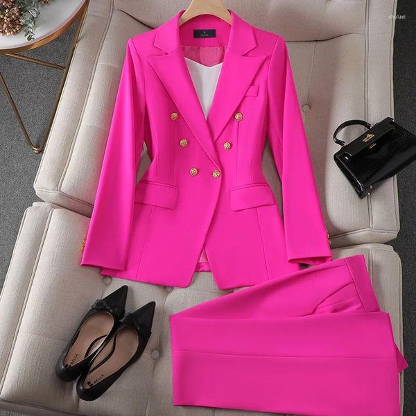 Calças femininas de duas peças de alta qualidade est moda elegante escritório calça ternos mulheres coreano manga longa formal blazer calças 2 conjunto