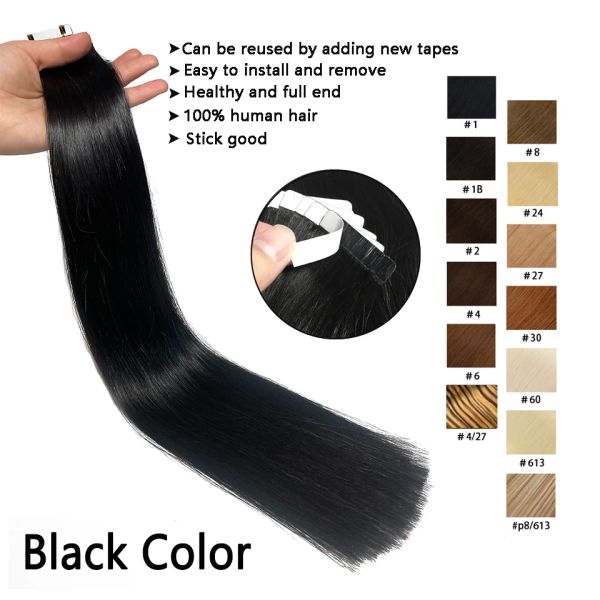 Extensões fita adesiva reta em extensões de cabelo humano cor de cabelo natural cor #1b 1426 polegadas Brasil Remy Human Human para mulher negra