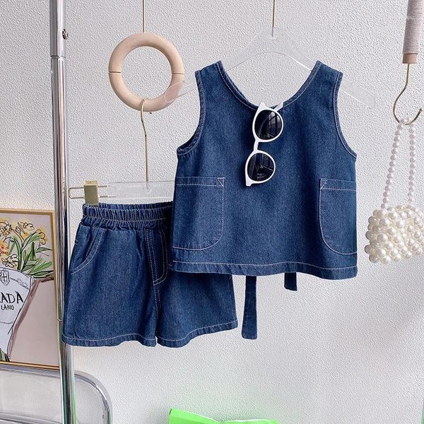 Conjuntos de roupas Bebê Meninas Denim Cor Sólida Sem Mangas Lace Up Colete Tops Cintura Elástica Solta Shorts 2 Pcs Verão Moda Bonito Crianças Terno