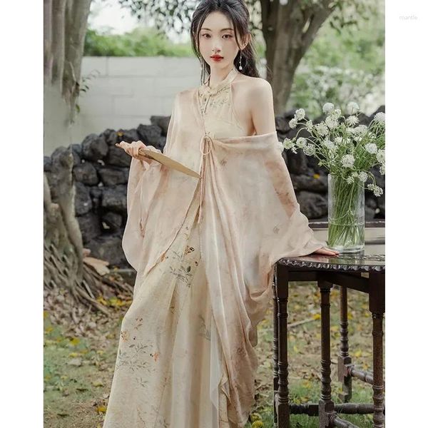 Этническая одежда, улучшенный комплект Ципао в китайском стиле, женский Cheongsam без рукавов с лямкой на шее, сексуальное платье с принтом, элегантный Vestidoscardigan Fairy