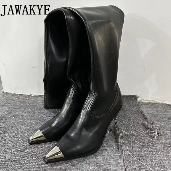 Stiefel 2023 Europäische Marke Lange Stiefel transparente Keilabsatz sexy schlanke fit metallspitze Zehen Oberschenkel High Stiefel formelle Partyschuhe