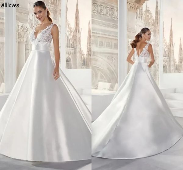 Semplice minimalista satinato a una linea abiti da sposa in pizzo v collo sexy con treno lunghi plus size de no