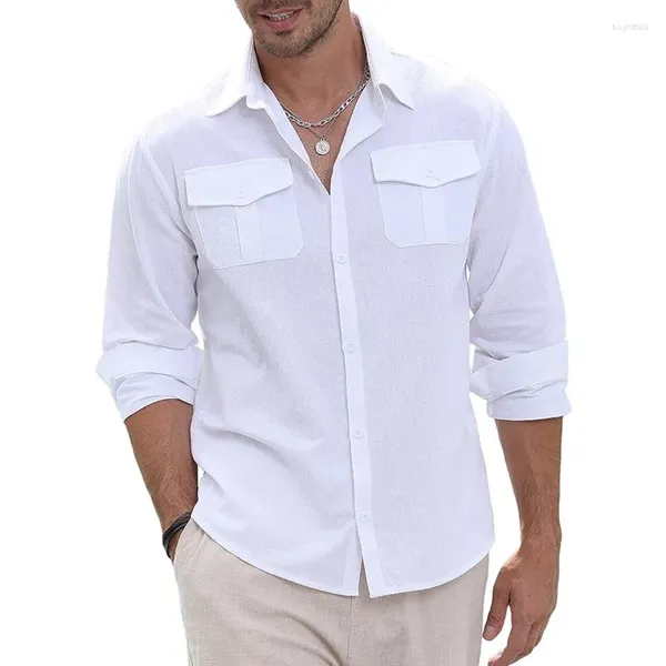 Freizeithemden für Herren Oldyanup Männer Baumwolle Leinen Langarmhemd Solide Doppeltasche Tops Bluse Frühling Sommer Mode Strandstil