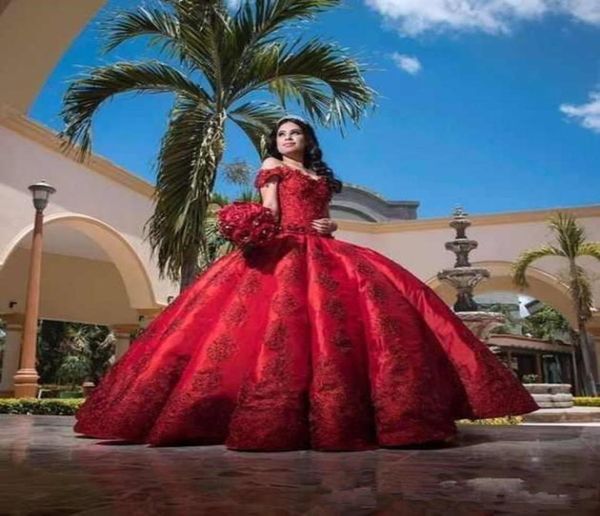 Роскошные красные атласные платья Quinceanera для девочек, бальное платье с аппликациями на плечах, длинные сладкие платья для выпускного вечера 16, вечерние платья5806663