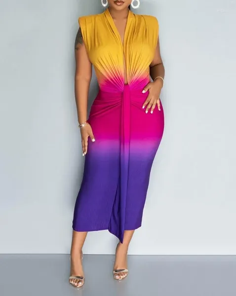 Freizeitkleider Damen Colorblock gerafftes Midi-Bleistiftkleid Temperament Pendeln Sommer weiblich Mode Plunge Skinny