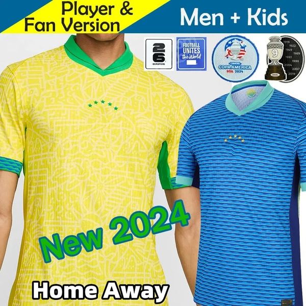 Maglie da calcio Brasile 24/25 Copa America Cup NEYMAR VINI JR 2024 2025 Maglie da calcio della squadra nazionale BRasIL Kit per bambini Home Away Versione giocatore RODRYGO MARTINELLI