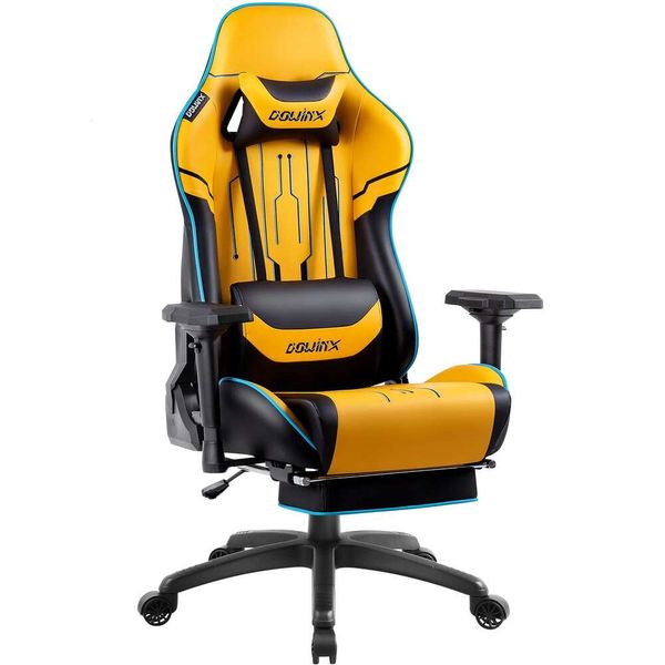 Apoio para os pés do computador com encosto alto Dowinx Gaming, apoios de braços 4D personalizados para jogadores de couro PU acolchoado respirável, cadeira ergonômica para jogos com massagem (amarelo)