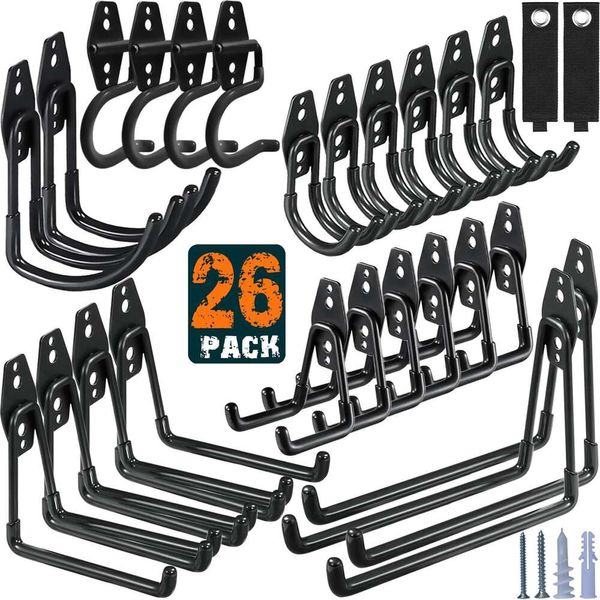 HUPBIPY 26 Pack Hooks Heavy Duty, ganchos de armazenamento de aço utilitário, organizador de cabide de garagem para montagem em parede para organizar ferramentas elétricas, escadas, itens a granel, bicicletas, cordas