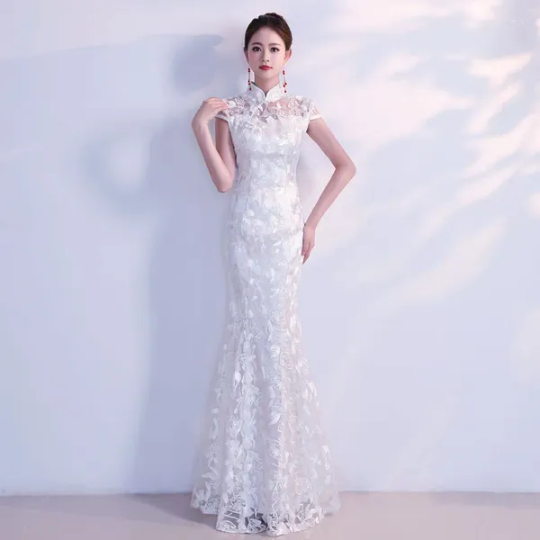 Ethnische Kleidung Weißes Cheongsam Langes Qipao-Kleid Chinesisches traditionelles Hochzeitskleid China Store Vestido Oriental Größe XS S M L XL XXL