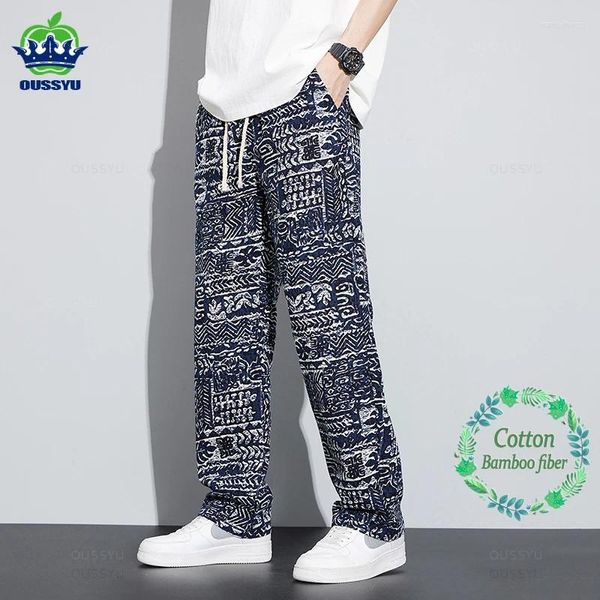 Calças masculinas verão fino azul e branco jacquard casual algodão usar solto em linha reta perna larga calça coreano jogger masculino 4xl