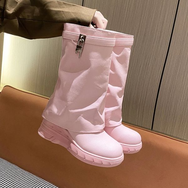 Stiefel Moden Keile Plattformstiefel für Frauen 2024 Haifischschloss Design Pink Mid Cal Reißverschluss Weiche Leder -Knöchelstiefel Motorrad Botas