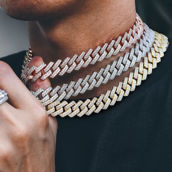 12mm de largura 2 fileiras moissanite diamante cubano link corrente colar feminino prong gelado correntes colares 18k ouro rock rapper hip hop jóias mulher
