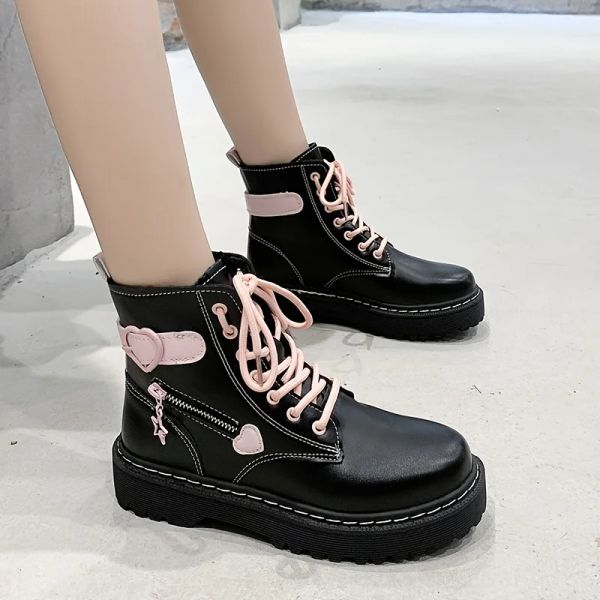 Botas de moda para frente plataforma cardíaca tornozelo botas de combate preto renda rosa up zipper redondo sapatos y2k estilo