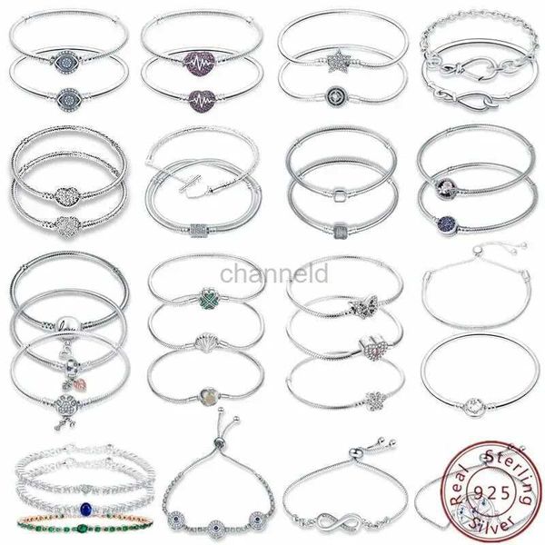 Bracciale rigido in argento 925 catena serpente originale 17-20 Evil Eye Heart Star zircone per perline pendenti gioielli pendenti per regali di compleanno 240319