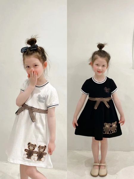 Crianças de luxo arco dos desenhos animados urso vestidos ins crianças algodão manga curta vestido plissado 2024 verão crianças roupas designer s1229