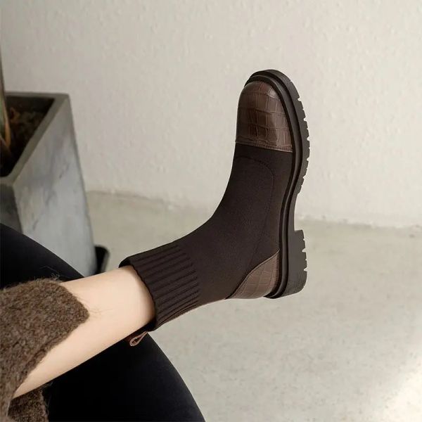 Stiefel elegant mit mittleren Absätzen kurze Schuhe für Frauen Sockenstiefel runden Zehen Frauen -Knöchelstiefel braune elastische Schuhe Frühling Herbst