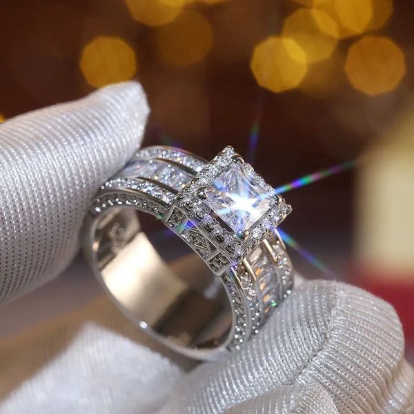 Vintage Diamond Ring 925 Sterling Gümüş Prenses Kesme CZ Taş Erkek Nişan Düğün Bandı Kadın Mücevher Hediye5