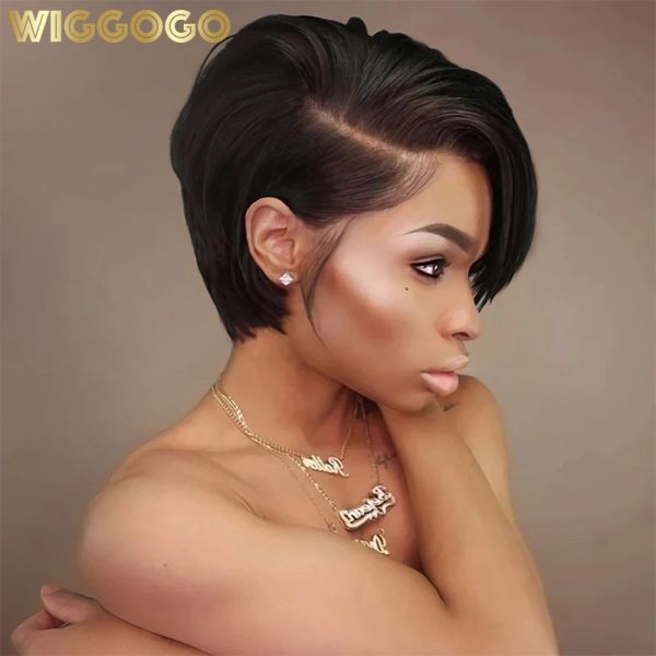 Wigs Wiggogo Pixie Corte Cabelo Humano Bob Wigs Parte lateral de renda reta Fronted Wigs Gluless HD Transparente Lace Frontal Wig