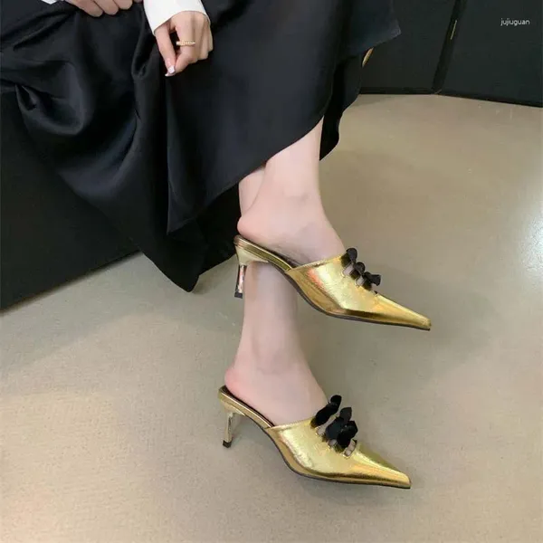 Scarpe eleganti Tacchi alti dorati Pantofole sexy con cinturino alla caviglia da donna Ufficio Fiocco nero Tacco basso Décolleté da donna Estate Stiletto Argento