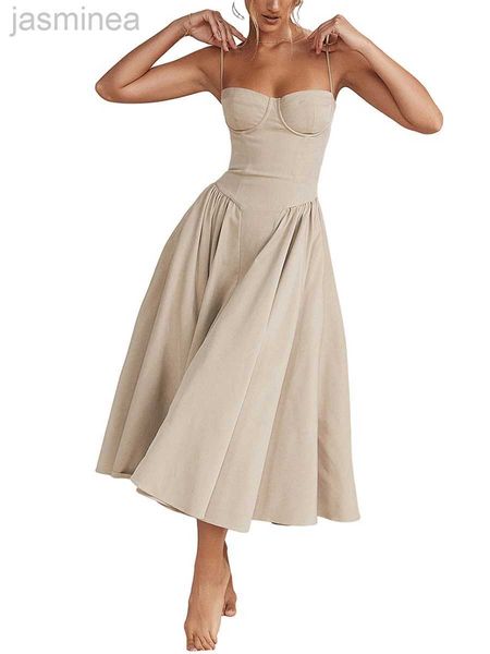 Grundlegende Freizeitkleider Damen Casual Going Midi-Kleid Sommer rückenfreies Kleid Seitentaschen Low-Cut-Partykleid 240319