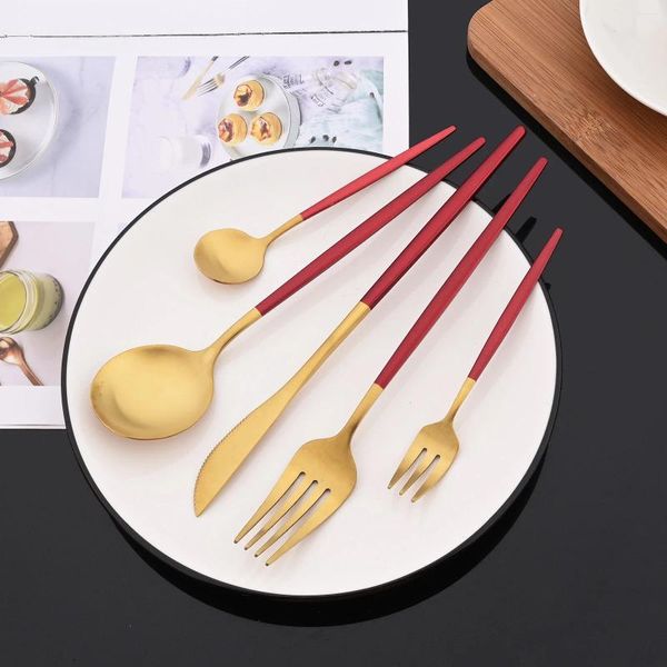 Conjuntos de louça 5 pcs vermelho ouro fosco conjunto de talheres de aço inoxidável bife faca salada garfo colher de chá talheres de cozinha