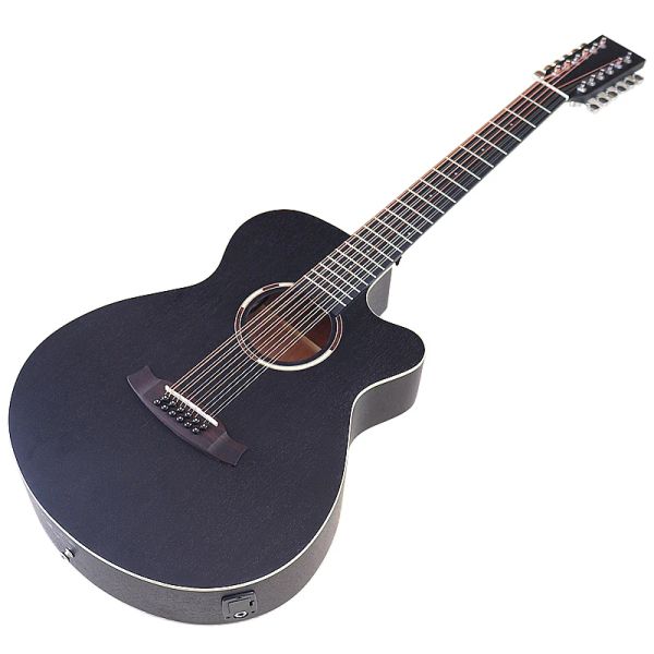 Gitarre, schwarze Farbe, 12-saitige elektrische Akustikgitarre, Cutaway-Design, 40-Zoll-Vollsapeli-Korpus, matte Folk-Gitarre