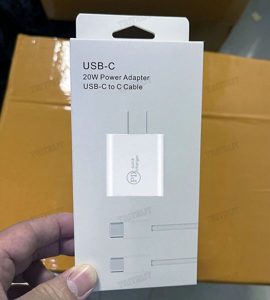 Kit 2 em 1 de alta qualidade 20W Conjunto de carregadores USB tipo C PD Carregamento rápido Adaptador de plugue UE EUA fornecimento de energia Carregador rápido de iPhone para iPhone 14 13 12 11 X 7 8 Pro e telefones Android