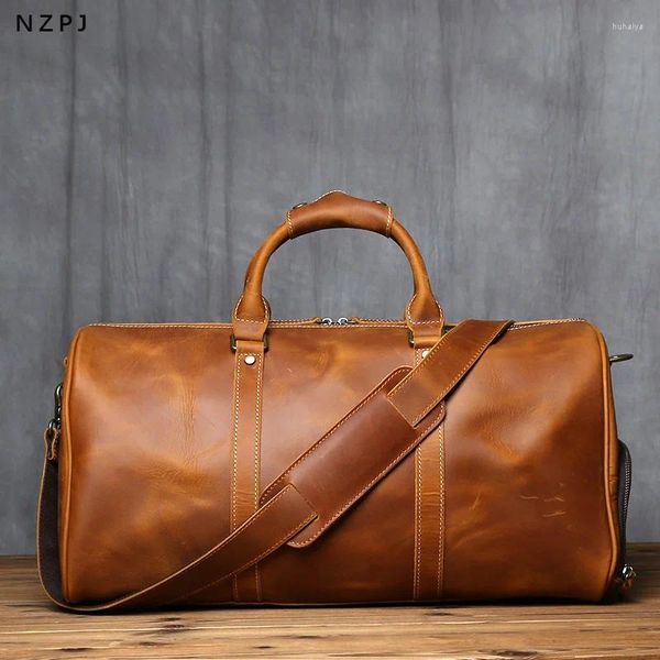 Duffel Çantalar NZPJ Vintage Orijinal Deri Erkek Seyahat Çantası Orijinal Doğal Cowhide El Çantası Çılgın At Crossbody Bilgisayar