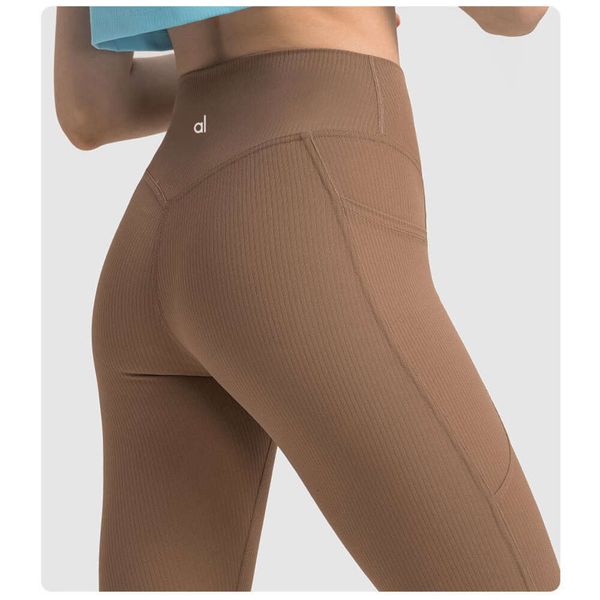 AL Yoga Leggings 2024 Neue Gestreiften Faden Tasche Yoga Hosen Frauen Hohe Taille Pfirsich Hüften Elastische Abnehmen Sport Fitness Engen