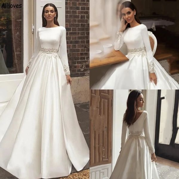 Modest cetim uma linha vestidos de casamento para noiva jóia pescoço appliqued faixa boho vestidos de noiva simples com mangas compridas varredura trem muçulmano elegante robes de mariee yd