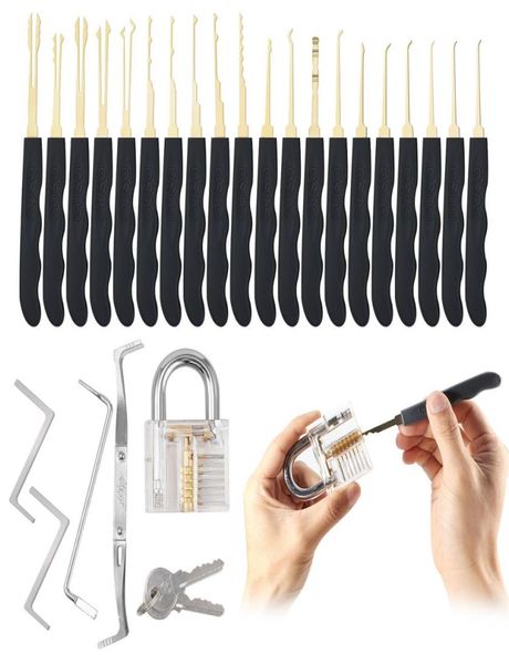 24 pçs ferramentas de serralheiro goso lock pick conjuntos serralheiro cadeado pick ferramentas desbloqueio picklock conjunto de ferramentas 1 pçs cadeado transparente7448718