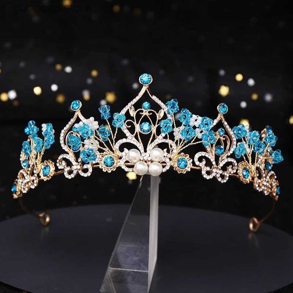 Diademi La nuova principessa Corona Fiore Perla Blu Cristallo Diadema da sposa Tiara da sposa Copricapo Gioielli per capelli Accessori per capelli da sposa Y240319