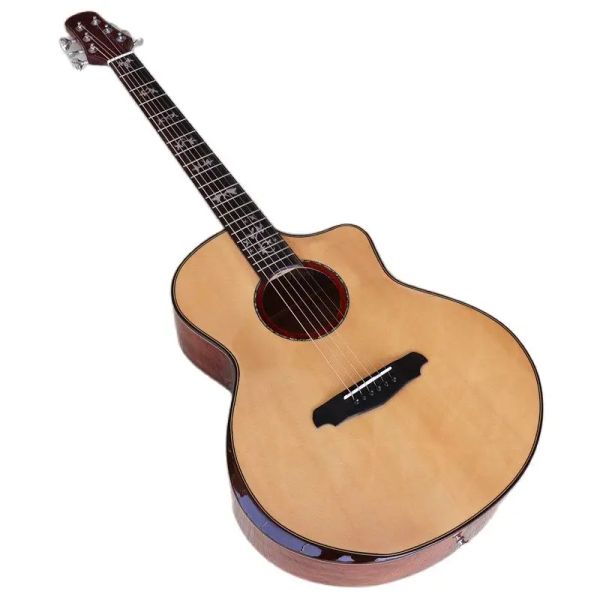 Гитара Акустическая гитара с инкрустацией цветами, 41 дюйм, верхняя часть из массива ели, глянцевая, 6-струнная, народная гитара с радианным углом