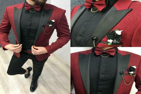 Burgundy Bling Bling Mens Takımları ile Siyah Şal Kapan Ceket Düğün Smokin Katlı Slim Fit Prom Elbise Düzenli Özel Yapım7832174