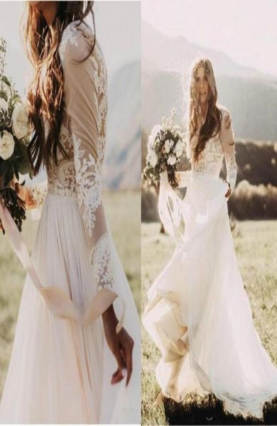 Abiti da sposa country bohémien con maniche lunghe trasparenti con scollo a barchetta e abito da sposa Boho in chiffon con applicazioni in pizzo economici8942011