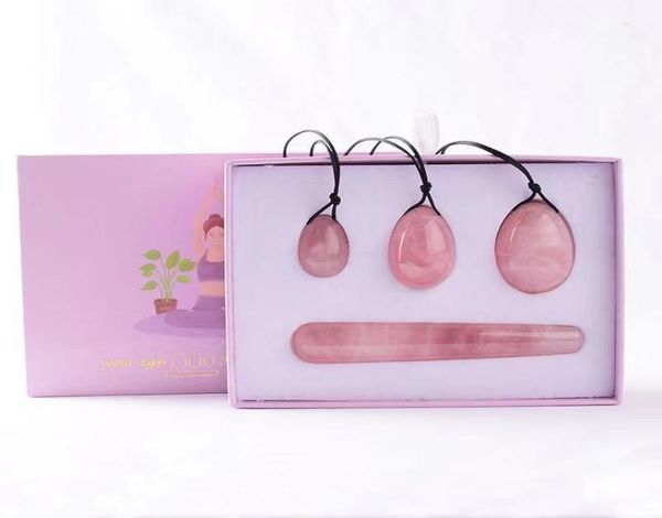 Quartzo rosa Yoni Ovo Massagem Varinha Caixa de Presente Conjunto Pedra Natural Ovos de Cristal Broca Bola Kegal Exercício Músculo Pélvico Vaginal2723304