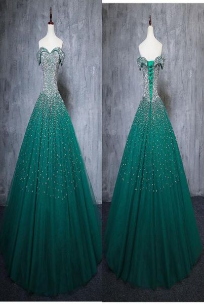 Modisches blaugrünes Quinceanera-Abschlussballkleid, Ballkleid, Bling-Kristallperlen, schulterfrei, mit Ärmeln, Korsett-Rücken, Party-Sweet-16-Kleid 7416675