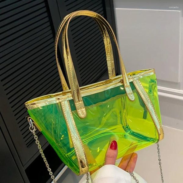 Totes Borsa per la spesa trasparente in PVC da donna casual Borse a tracolla con catena a lettera impermeabili rosa verde neon di grande capacità con secchiello trasparente