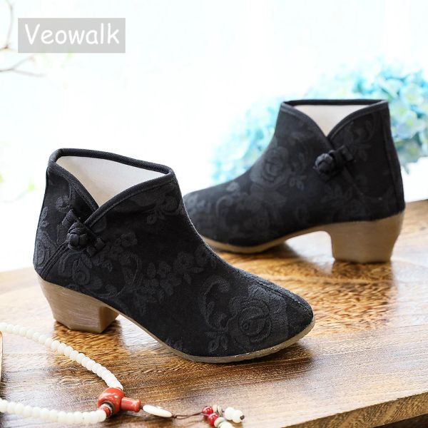 Stivali veowalk donne autunnali jacquard cotone 6 cm stivaletti tacchi ad alto blocco comodi signore casual caviglia corta scarpe