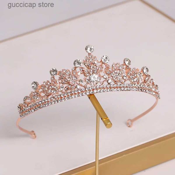 Diademi Corona di strass Copricapo da sposa Tiara da sposa Fascia per capelli Fascia per capelli Donna Ragazza Oro rosa Cristallo Fiore da sposa Corona Accessori Y240319