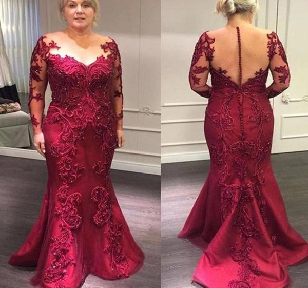 Abiti per la madre della sposa rosso scuro Applicazioni in pizzo Illusion maniche lunghe Abiti da sera formali Splendido abito da sposa per lo sposo5905520