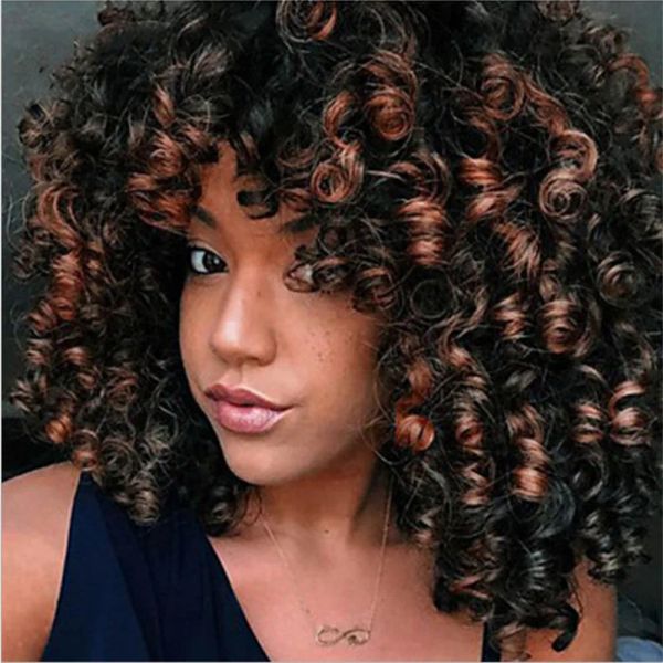 Peruk moda peruk kısa stil küçük patlayıcı afro curl saç siyah kahverengi twocolor fiber yüksek sıcaklık ipek kafa kapağı