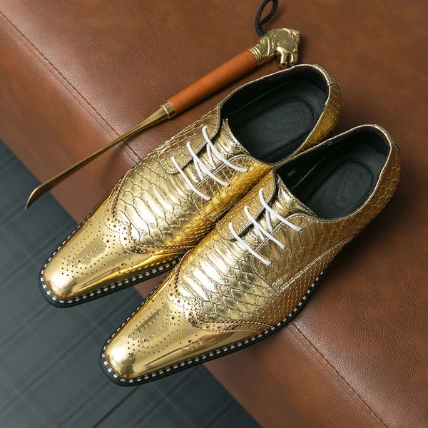 Обувь новая золотая ботинки для менталлических ветряных квадратных ног для кружевных туфель для мужчин размером 3846