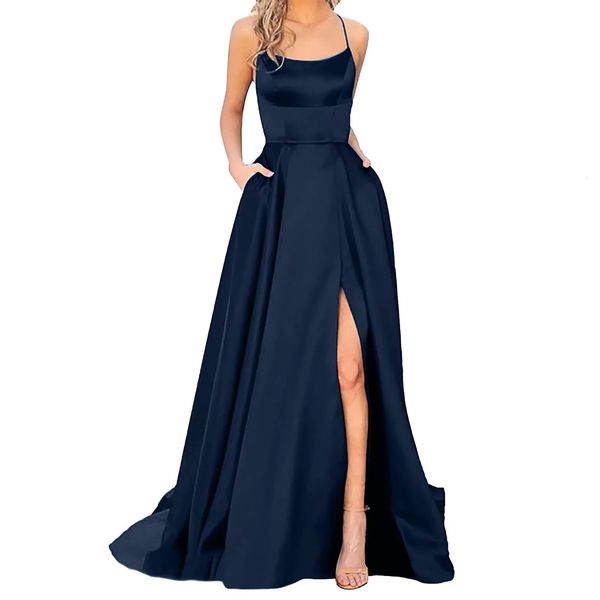 Elegante Hight Split Noite Maxi Vestido Sexy Lace-Up Backless Vestidos Longos Azul Marinho Sem Mangas Cintura Alta Vestido de Festa 240319