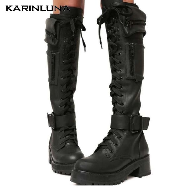 Botas Karinluna Dorp Remessa à venda Sapatos femininos elegantes Cool estilo gótico Knee High Boots com pacote com zíper Med Heel Shoelace Shoes