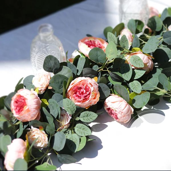 Falso peônia rosa videiras flores artificiais guirlanda vintage eucalipto pendurado planta para casamento arco porta festa decoração