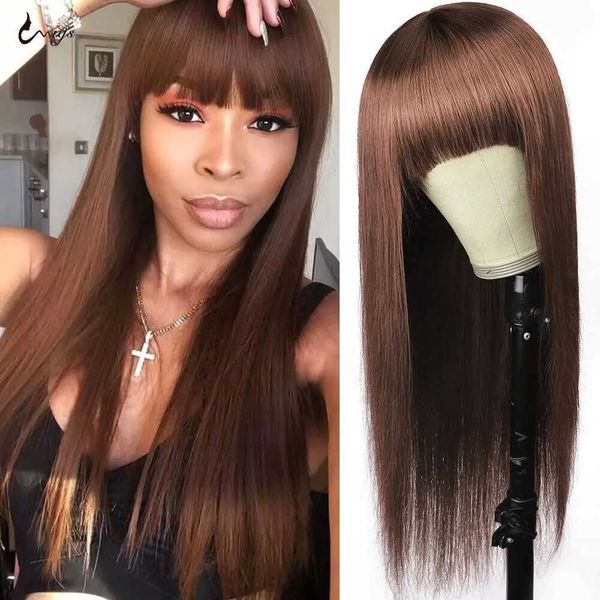 Perucas sintéticas Uwigs Glueless # 4 Brown Straight Human Human Wig com Bang Machine Made Peruca 250 Densidade Bone Straight Hair Wig Cabelo Brasileiro 240328 240327