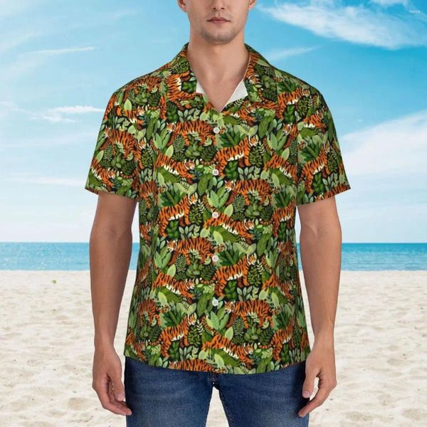 Camisas casuais masculinas Bengal Tiger Imprimir camisa de praia homens verde selva havaiana mangas curtas personalizadas DIY elegante blusas de grandes dimensões presente