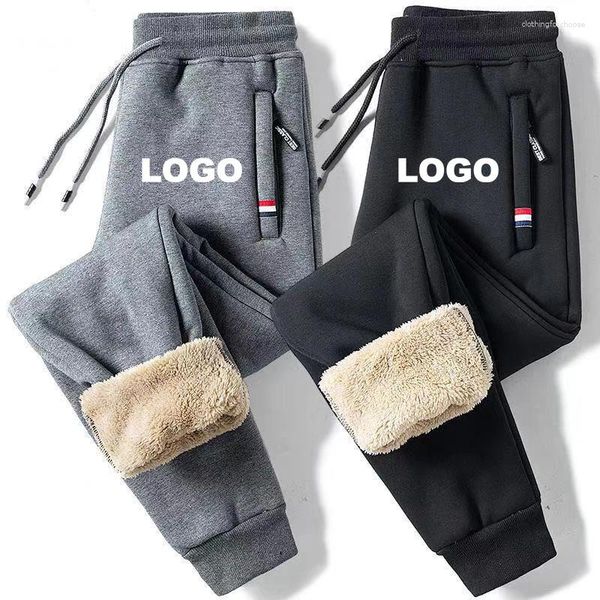 Calças masculinas logotipo personalizado inverno lambswool quente roupas masculinas casuais calças de lã esportiva cordão sólido